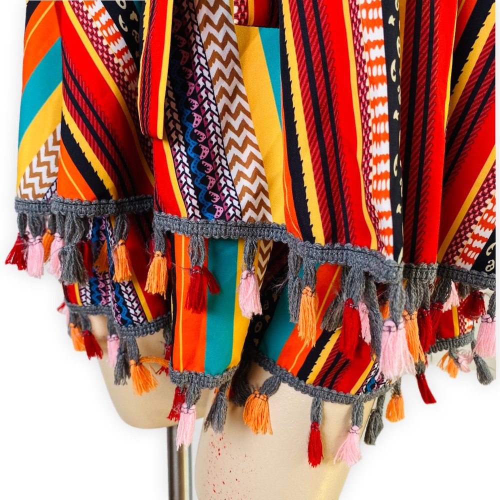 Boho Strapless Romper Multicolor Tassel Trim Summer Vacation Festival M - Picture 6 of 10
